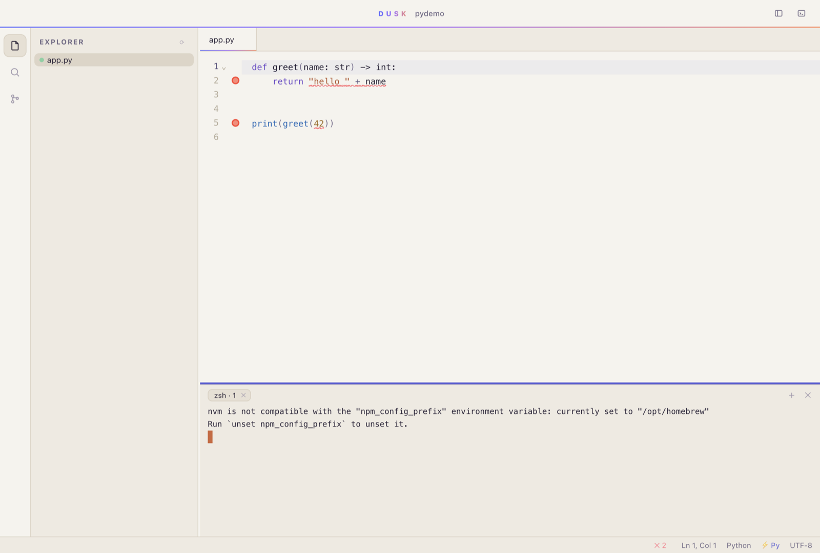 Dawn light theme with Python diagnostics